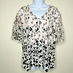 Calvin Klein Wms Sz L Pink/Grey Geometric Smocked Flutter Sleeve V-Neck Blouse